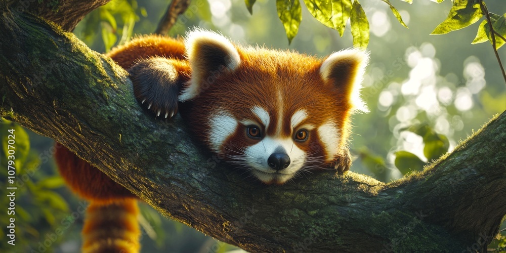 Fototapeta premium A cute red panda rests on a tree branch. The image captures the playful yet serene nature of this charming animal. Bright colors and soft light create a warm atmosphere. AI