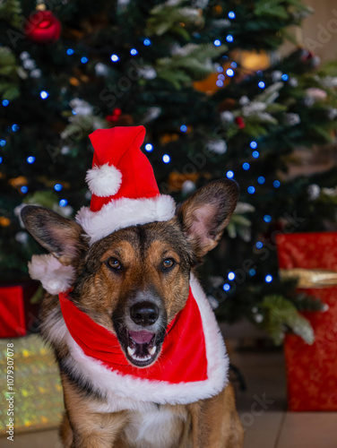 PORTRAIT: With Santa hat and scarf, this joyful dog is caught barking, adding playful, cheerful energy to the holiday scene. His impatient face expression brings a touch of humour in a Christmas card