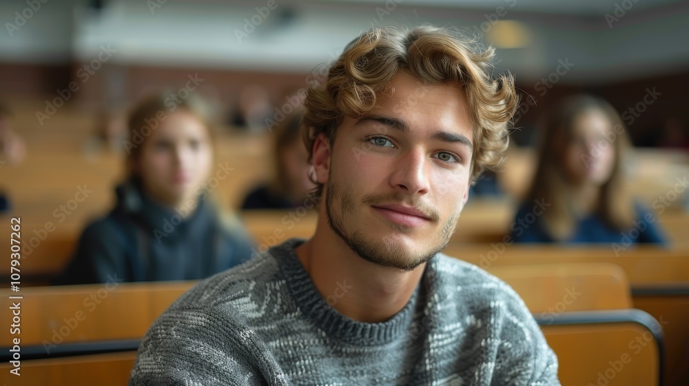 Bright and determined young man, showcasing intelligence and readiness, seated in a university classroom setting Bright and determined young man, showcasing intelligence and readiness, seated in a university classroom setting
