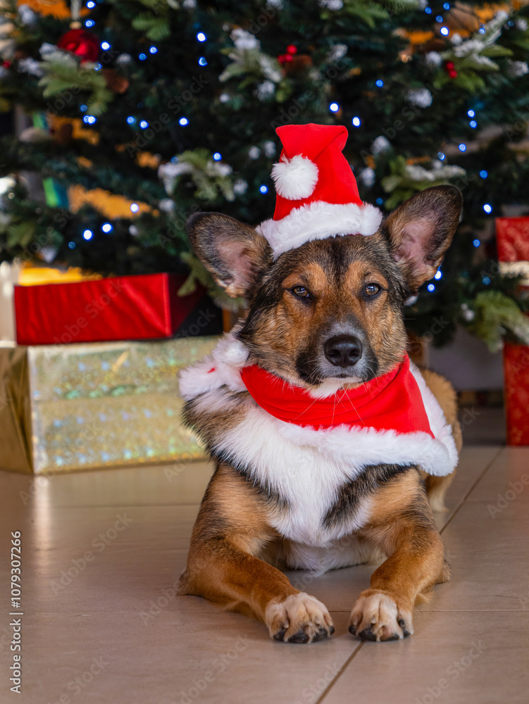 PORTRAIT: Brown shepherd dog with a red Santa hat and frowning expression lying by the Christmas tree. His grumpy face brings a touch of humour while taking photos for a joyful December holiday card. PORTRAIT: Brown shepherd dog with a red Santa hat and frowning expression lying by the Christmas tree. His grumpy face brings a touch of humour while taking photos for a joyful December holiday card.