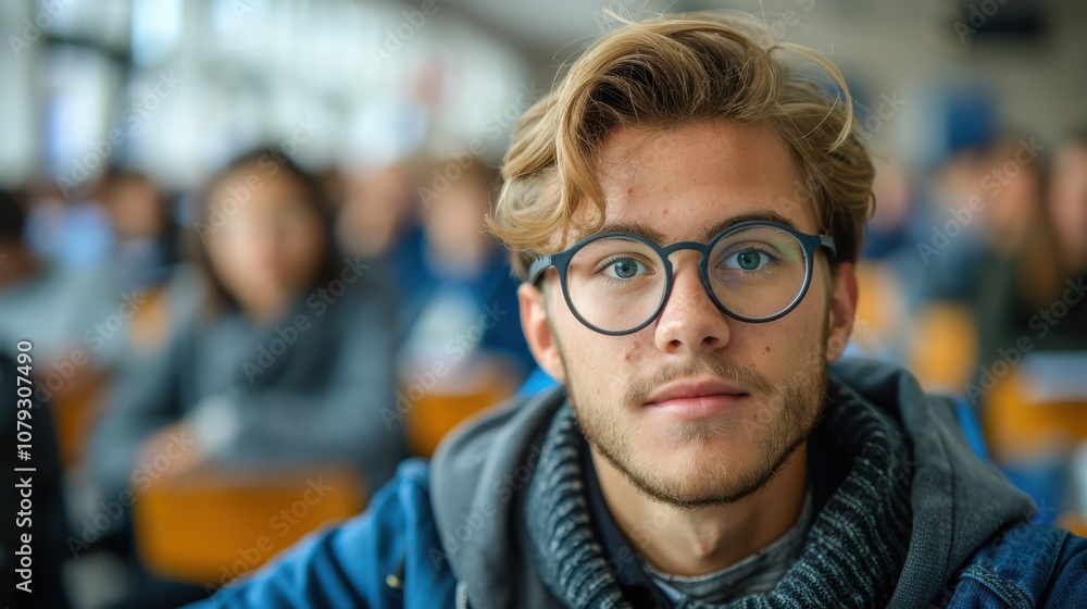 Bright and determined young man, showcasing intelligence and readiness, seated in a university classroom setting Bright and determined young man, showcasing intelligence and readiness, seated in a university classroom setting