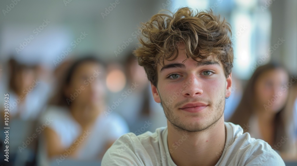 Bright and determined young man, showcasing intelligence and readiness, seated in a university classroom setting Bright and determined young man, showcasing intelligence and readiness, seated in a university classroom setting