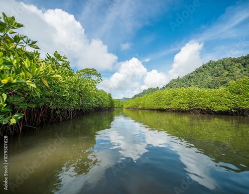 The Serene Mangrove Forests of Derawan Islands, East Kalimantan, Where Calm Waters Meet Lush Greenery, Creating a Unique Coastal Ecosystem Rich in Biodiversity and Tranquil Natural Beauty photo