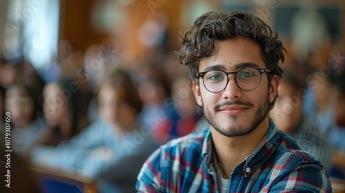 Bright and determined young man, showcasing intelligence and readiness, seated in a university classroom setting