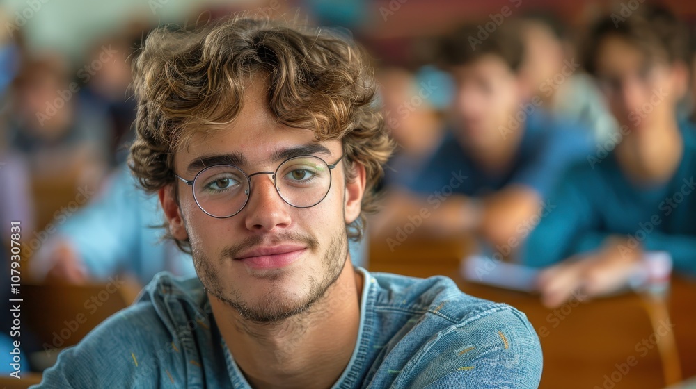 Bright and determined young man, showcasing intelligence and readiness, seated in a university classroom setting Bright and determined young man, showcasing intelligence and readiness, seated in a university classroom setting