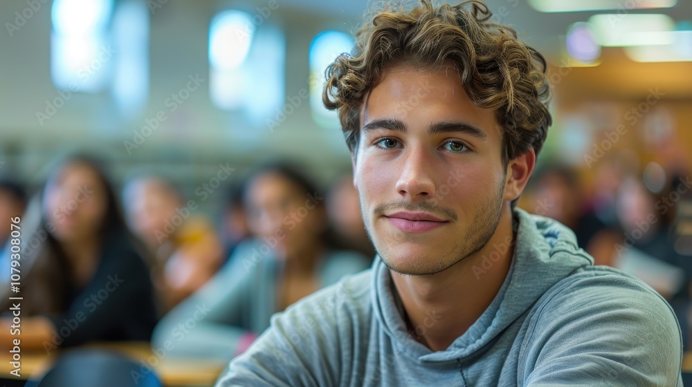 Bright and determined young man, showcasing intelligence and readiness, seated in a university classroom setting Bright and determined young man, showcasing intelligence and readiness, seated in a university classroom setting