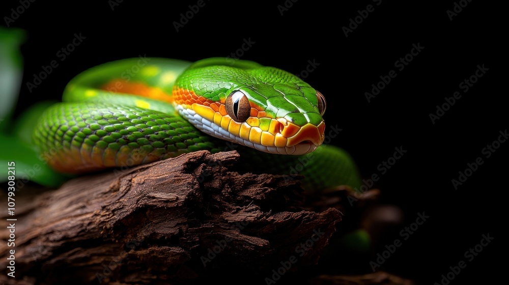 A striking green tree snake is coiled on a textured wooden branch, its scales shining under soft lighting. The background is dark, enhancing the snake's vivid colors A striking green tree snake is coiled on a textured wooden branch, its scales shining under soft lighting. The background is dark, enhancing the snake's vivid colors