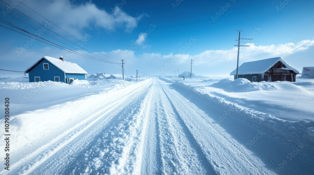 A snow-covered road stretches through a quiet rural landscape, flanked by charming houses under a bright blue sky. The winter scene showcases deep snow and calm, inviting surroundings A snow-covered road stretches through a quiet rural landscape, flanked by charming houses under a bright blue sky. The winter scene showcases deep snow and calm, inviting surroundings