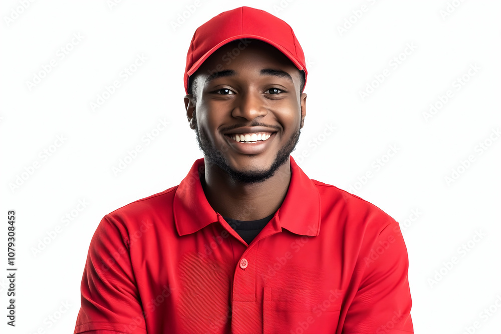 Front-facing smiling delivery person in red uniform, isolated background Front-facing smiling delivery person in red uniform, isolated background