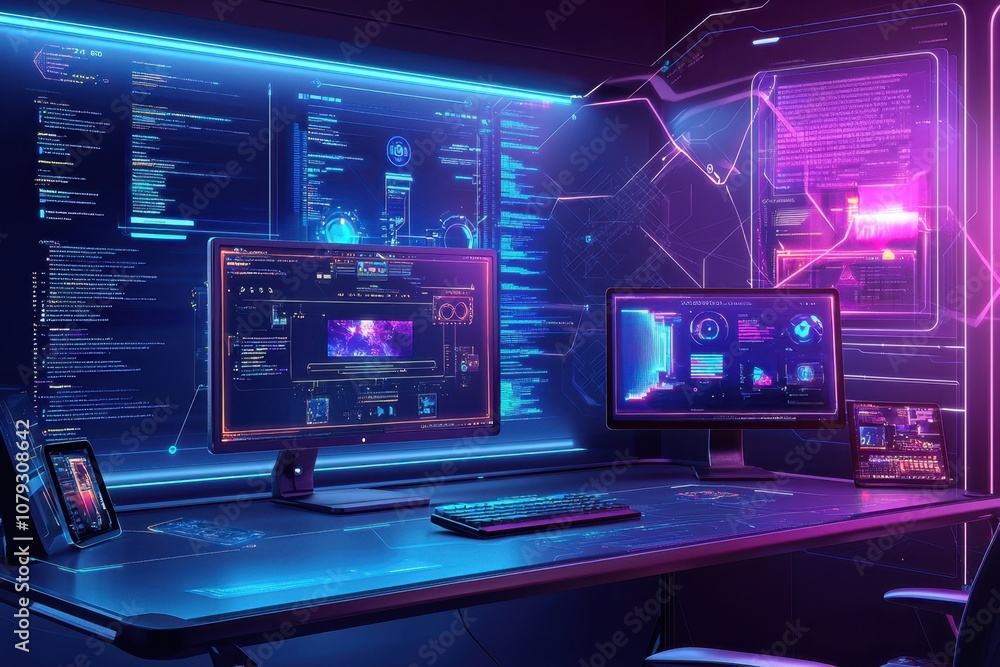 Naklejka premium A computer desk with two monitors and a keyboard