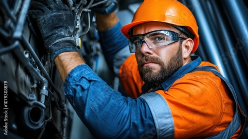 A man in protective gear meticulously examines machinery at an industrial site, emphasizing safety and attention to detail in his work