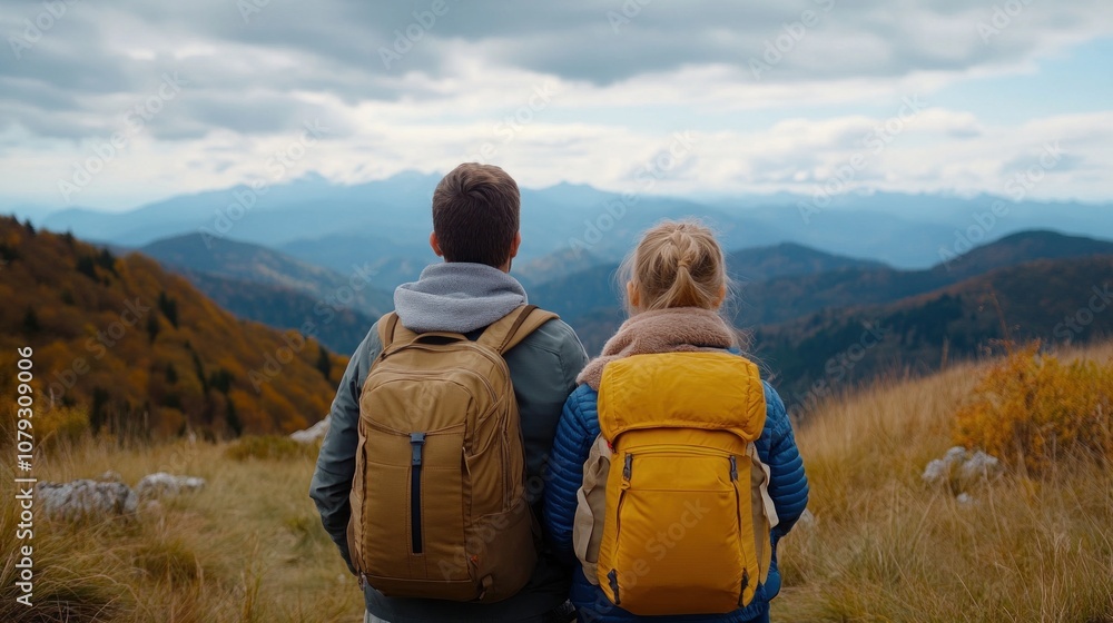 couple stands side by side, wearing backpacks, gazing at a breathtaking mountain landscape under a cloudy sky as autumn colors surround them couple stands side by side, wearing backpacks, gazing at a breathtaking mountain landscape under a cloudy sky as autumn colors surround them