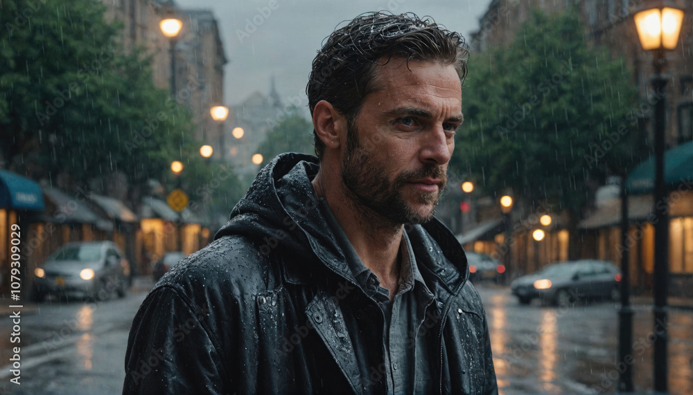 A man walks through a rainy city street at night A man walks through a rainy city street at night