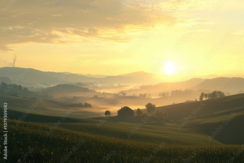 A beautiful landscape with a small house in the middle of a field A beautiful landscape with a small house in the middle of a field