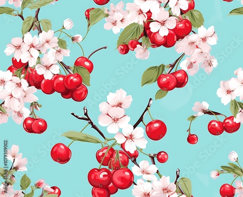 Cherry Blossom and Red Cherry Pattern on Blue Background

