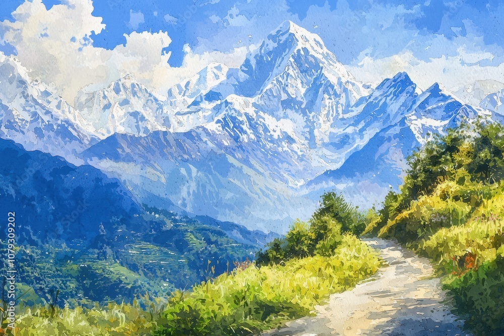 A painting of a mountain range with a road leading to the top A painting of a mountain range with a road leading to the top