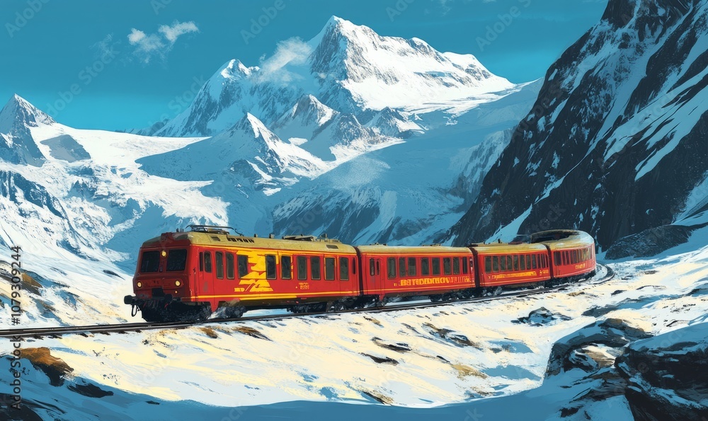 A red and yellow train traveling through a snowy mountainous landscape with snow-covered peaks and a glacier in the background. A red and yellow train traveling through a snowy mountainous landscape with snow-covered peaks and a glacier in the background.