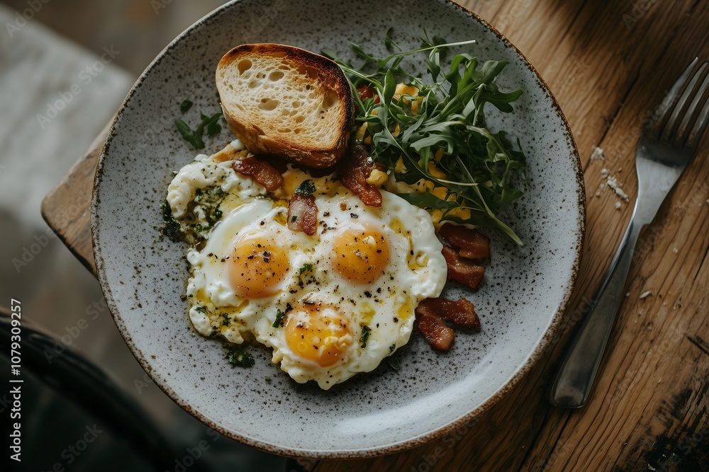An aerial view of a plate with fried eggs, bacon and toasted bread An aerial view of a plate with fried eggs, bacon and toasted bread