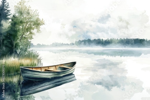 A small boat sits in the water near a forest