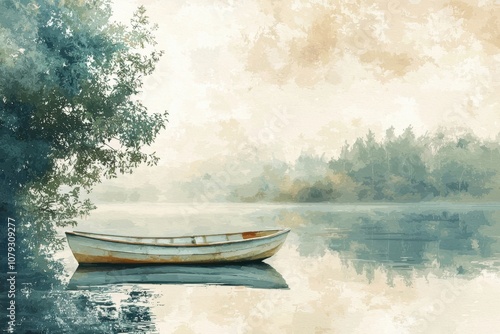 A small white boat sits in a lake, with trees in the background