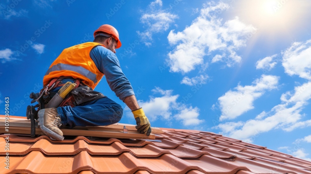 construction worker is focused on repairing a tiled roof, wearing safety gear while balancing on the sloped surface. bright blue sky and sun enhance the outdoor activity construction worker is focused on repairing a tiled roof, wearing safety gear while balancing on the sloped surface. bright blue sky and sun enhance the outdoor activity