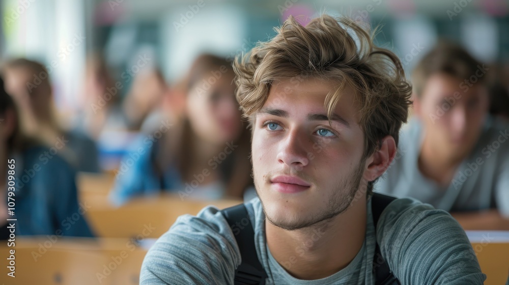 Bright and determined young man, showcasing intelligence and readiness, seated in a university classroom setting Bright and determined young man, showcasing intelligence and readiness, seated in a university classroom setting