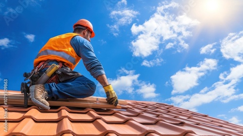 construction worker is focused on repairing a tiled roof, wearing safety gear while balancing on the sloped surface. bright blue sky and sun enhance the outdoor activity