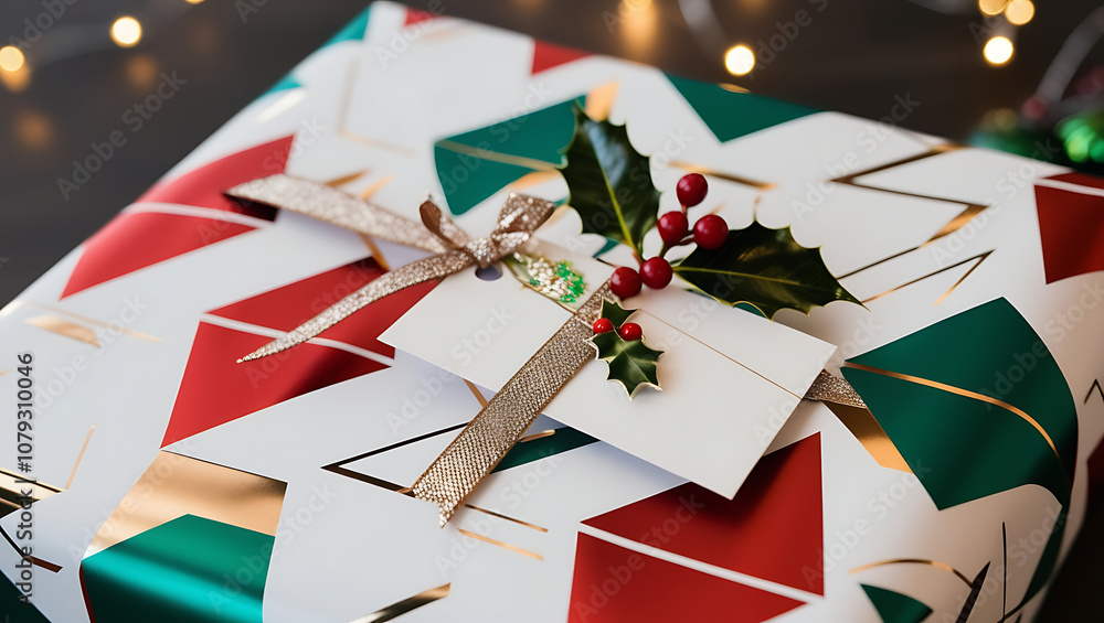 Fototapeta premium A wrapped Christmas gift with a white tag, gold ribbon, and holly sprig.