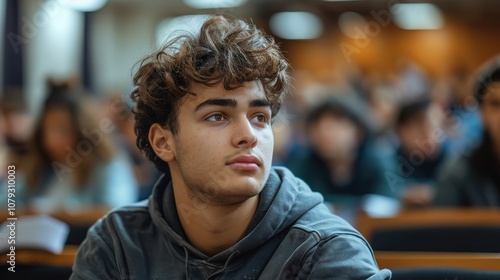 Bright and determined young man, showcasing intelligence and readiness, seated in a university classroom setting