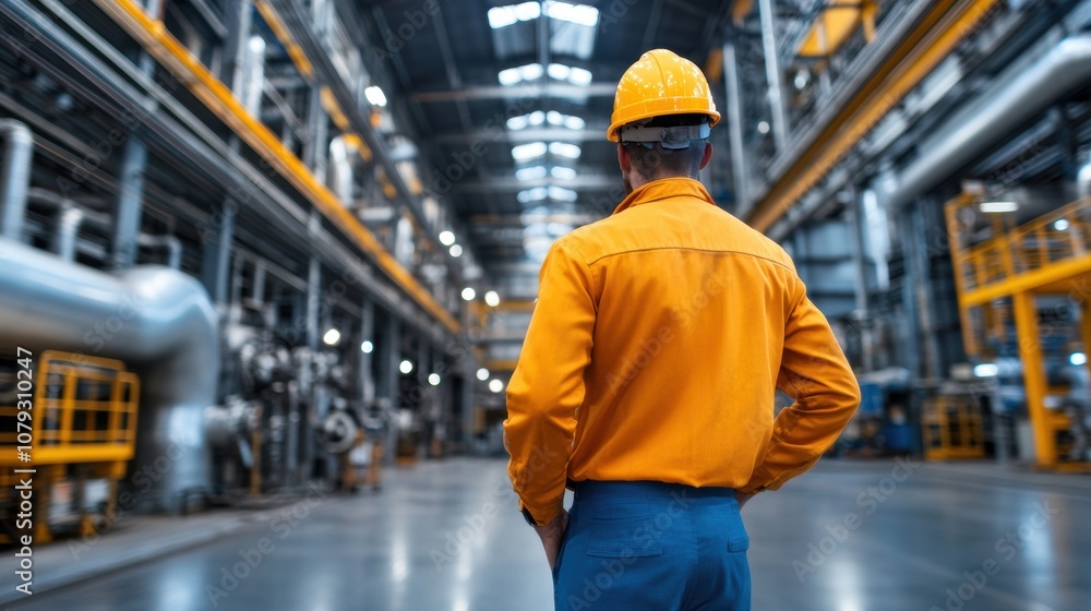 The construction worker stands with hands on hips, observing the expansive industrial facility filled with machinery and equipment, emphasizing safety and productivity The construction worker stands with hands on hips, observing the expansive industrial facility filled with machinery and equipment, emphasizing safety and productivity