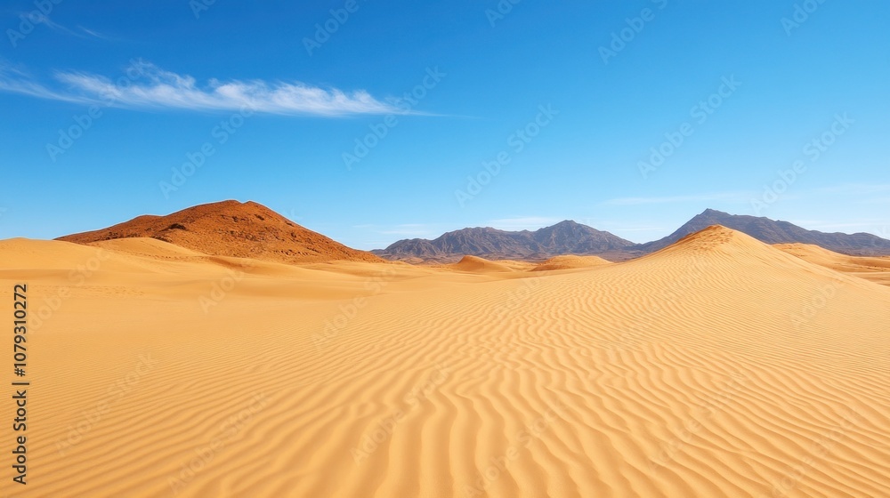 The vast expanse of golden sand dunes stretches toward rolling hills and mountains under a bright blue sky. The scene captures the serene beauty of the desert in broad daylight The vast expanse of golden sand dunes stretches toward rolling hills and mountains under a bright blue sky. The scene captures the serene beauty of the desert in broad daylight