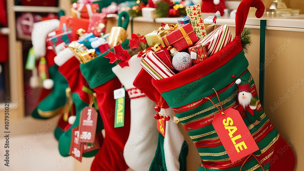 custom made wallpaper toronto digitalChristmas stockings filled with gifts and a sale tag.