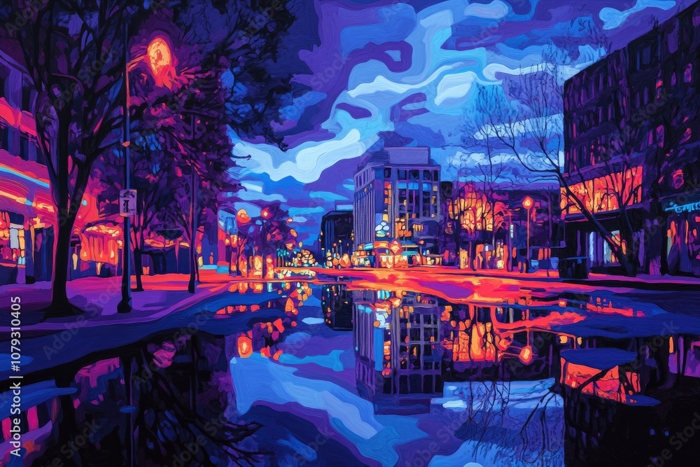 Obraz premium Dreamlike, neon cityscape at night with bold, glowing streetlights, reflective puddles, and surreal shapes in the sky