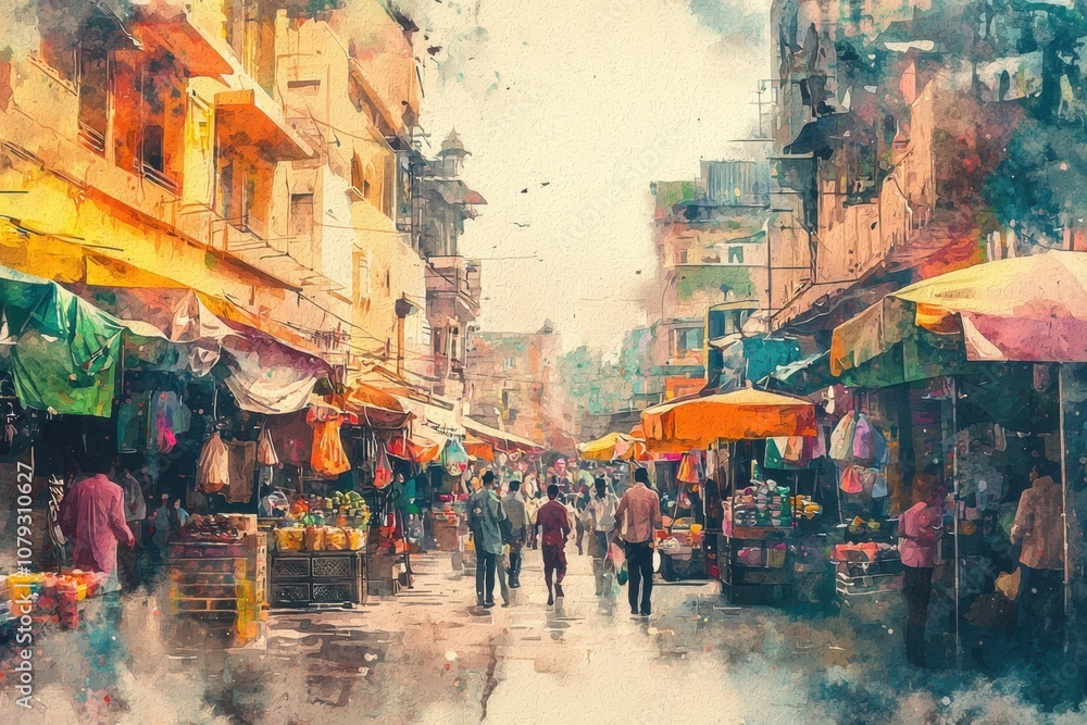 Fototapeta premium A painting of a busy market street with people walking and shopping