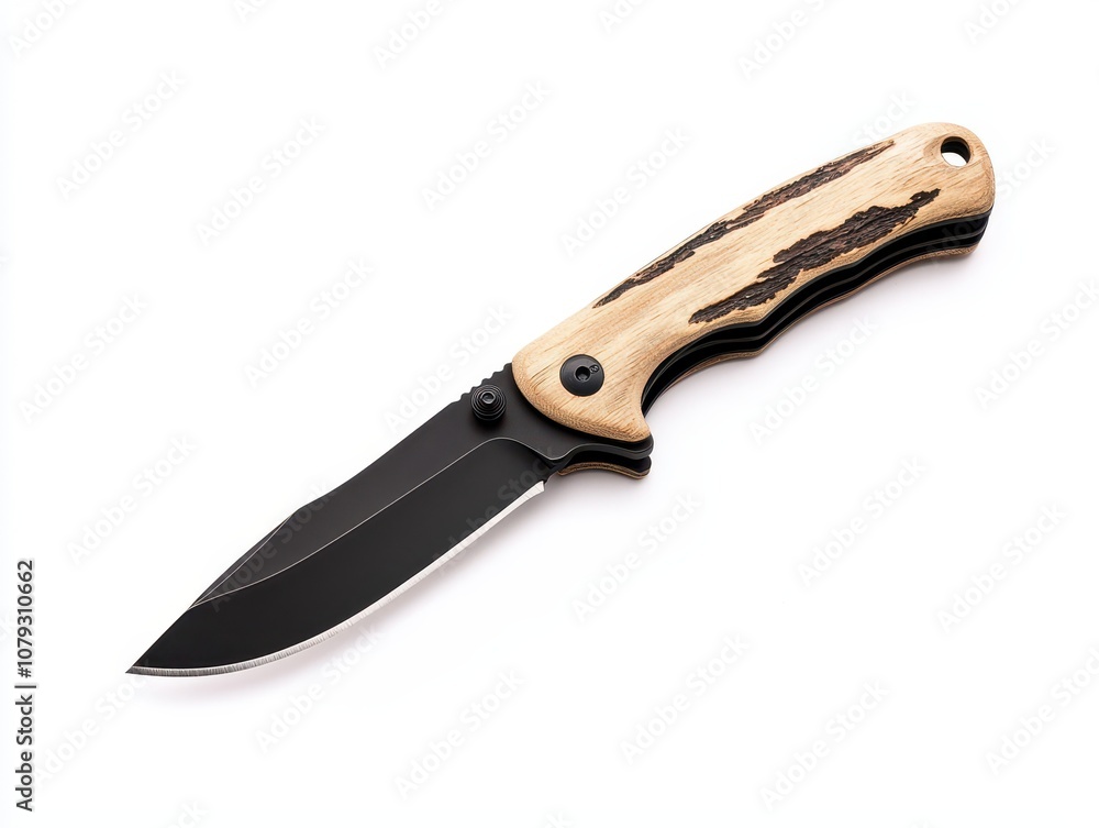 A sleek folding knife with a wooden handle and a sharp black blade, ideal for outdoor activities and daily use. A sleek folding knife with a wooden handle and a sharp black blade, ideal for outdoor activities and daily use.