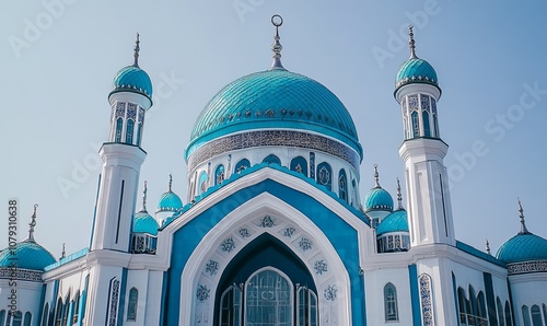 A large blue and white building with a dome on top