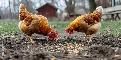 Two Brown Hens Foraging in a Garden Under Cloudy Skies Near a Rustic Barn in Early Spring