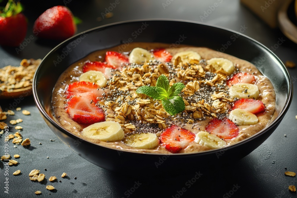 A bowl of fruit and granola with a green leaf on top A bowl of fruit and granola with a green leaf on top