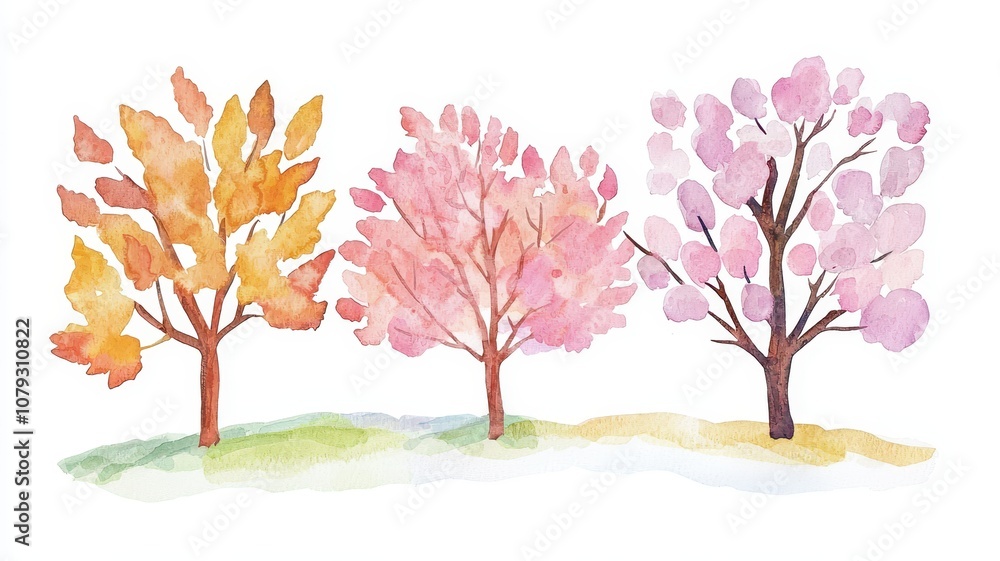 Fototapeta premium A vibrant watercolor illustration of three trees in autumn shades, showcasing orange, pink, and light pink foliage against a soft, grassy background.