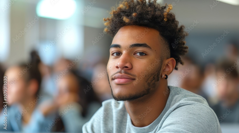Bright and determined young man, showcasing intelligence and readiness, seated in a university classroom setting Bright and determined young man, showcasing intelligence and readiness, seated in a university classroom setting