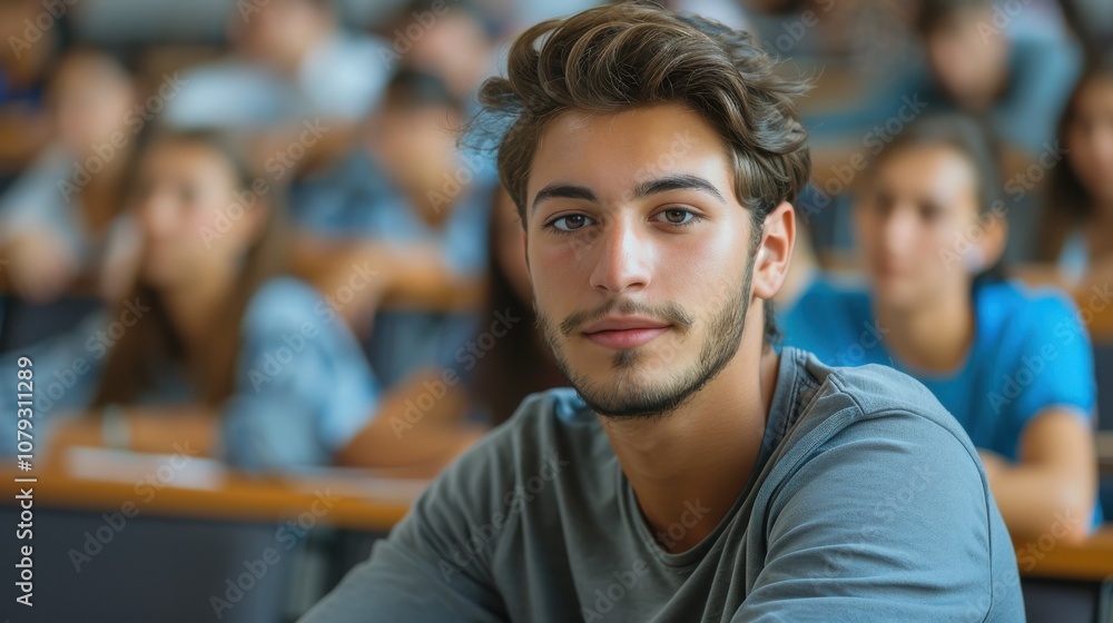 Bright and determined young man, showcasing intelligence and readiness, seated in a university classroom setting Bright and determined young man, showcasing intelligence and readiness, seated in a university classroom setting