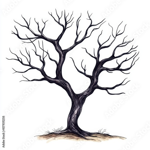 A stark, leafless tree with intricate branches, symbolizing barrenness and the passage of time.