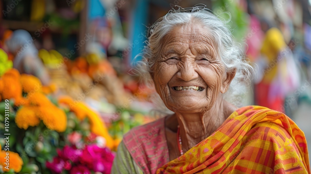 Against vibrant backgrounds, a dignified grandma's peaceful smile radiates with the serenity and fulfillment of a life well-lived Against vibrant backgrounds, a dignified grandma's peaceful smile radiates with the serenity and fulfillment of a life well-lived