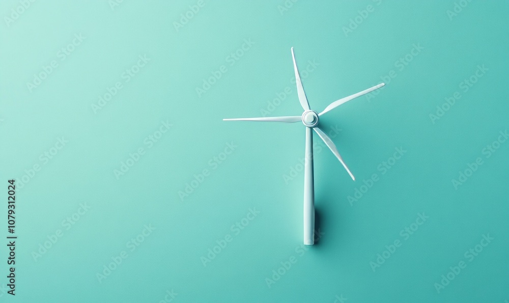 A simple yet powerful image showcasing a minimalist white wind turbine model set against a soft teal background. A simple yet powerful image showcasing a minimalist white wind turbine model set against a soft teal background.
