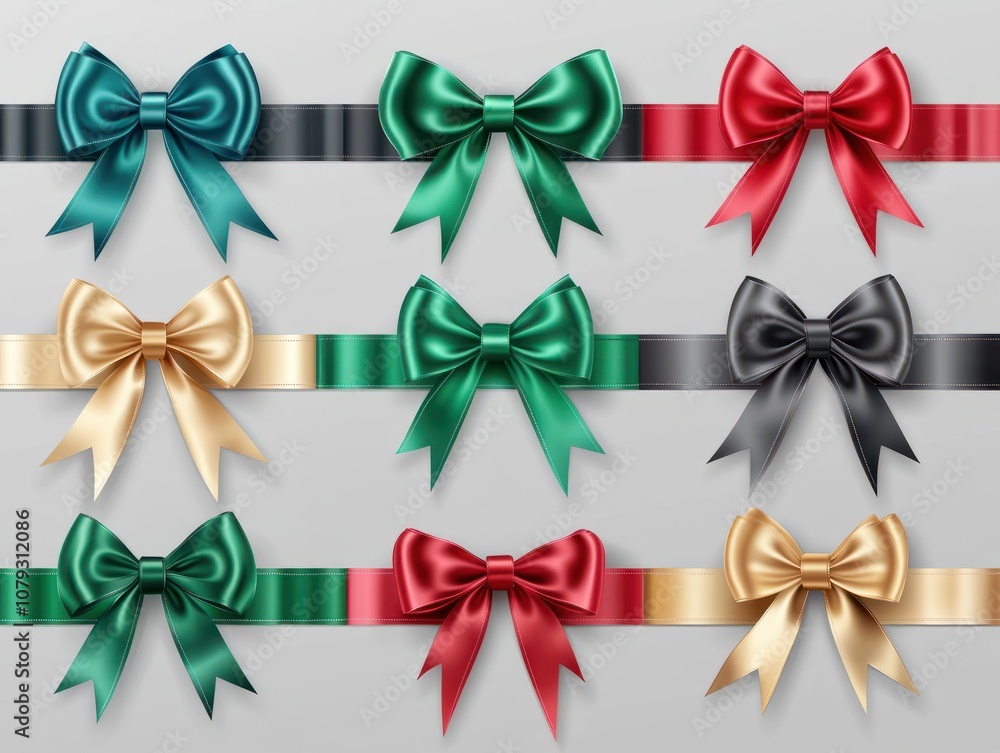 Collection set of many colorful satin gift ribbons and bows isolated on transparent background, Christmas or birthday or Valentines Day holiday celebration, png Collection set of many colorful satin gift ribbons and bows isolated on transparent background, Christmas or birthday or Valentines Day holiday celebration, png