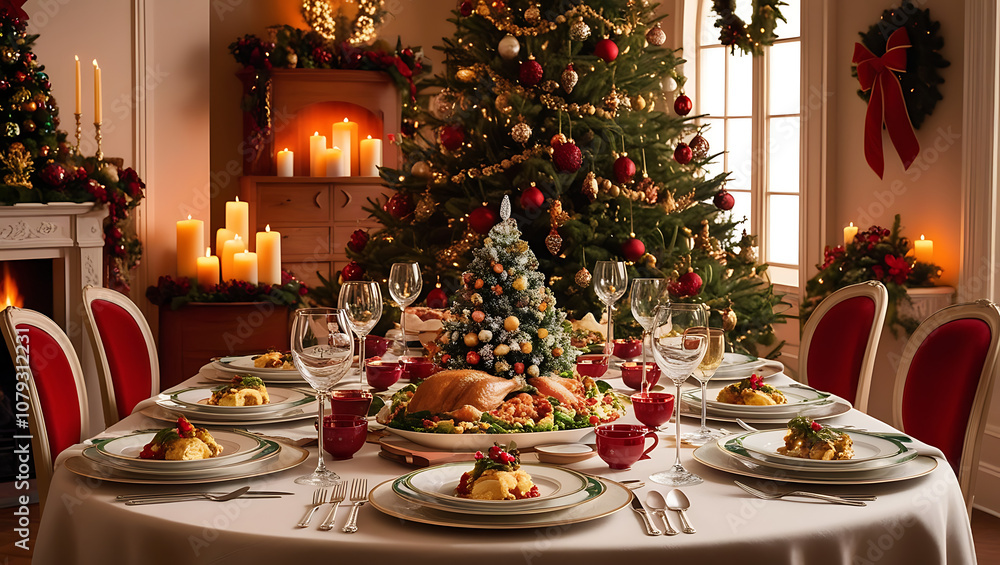 A beautifully decorated Christmas dining table with a roasted turkey, surrounded by festive decorations, candles, and a large Christmas tree. A beautifully decorated Christmas dining table with a roasted turkey, surrounded by festive decorations, candles, and a large Christmas tree.