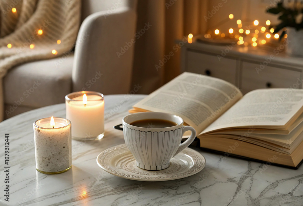 Cup of tea with paper open book and burning scented candles on marble table over cozy chair and glowing lights in bedroom closeup. Cup of tea with paper open book and burning scented candles on marble table over cozy chair and glowing lights in bedroom closeup.