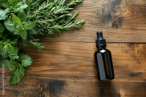 natural home decor, rosemary oil bottle displayed on a chic wooden dining table alongside a fresh plant arrangement, with room for text