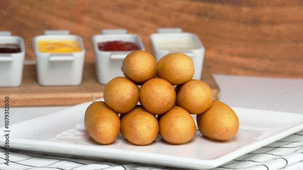 Close-up of some corn hot dogs on a white plate, toppings on the back, ketchup, yellow cheese, barbecue sauce, mayonnaise Close-up of some corn hot dogs on a white plate, toppings on the back, ketchup, yellow cheese, barbecue sauce, mayonnaise