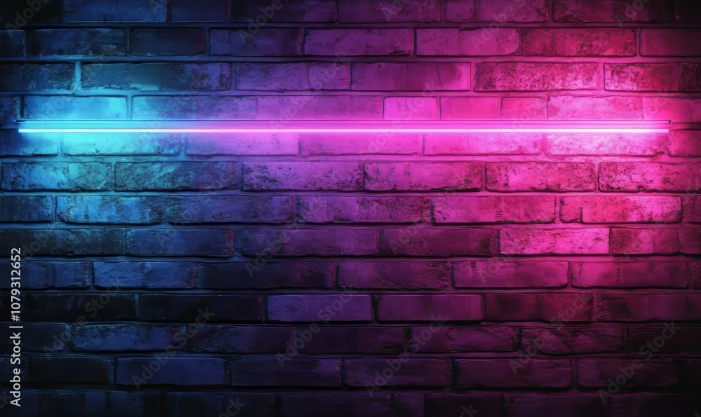 Dark textured brick wall with horizontal neon lights in pink and blue creating a modern and futuristic ambiance Dark textured brick wall with horizontal neon lights in pink and blue creating a modern and futuristic ambiance